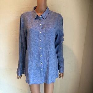 Y2K L.L. Bean 100% Linen Blue Nautical Button-Up Classic Shirt Women’s Size 1X